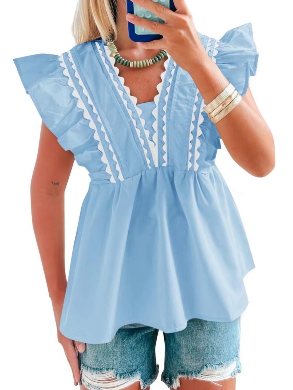 Sky Blue Ruffle Trim V-Neck Peplum Blouse